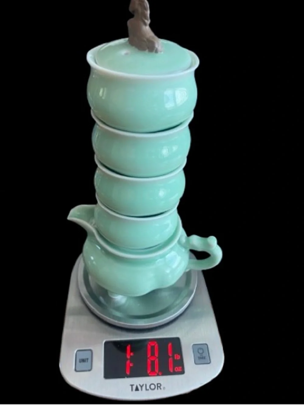 Vtg Chinese Gongfu Celadon Tea Pot 4 Cups Set Jade Green Glaze Horse On The Lid